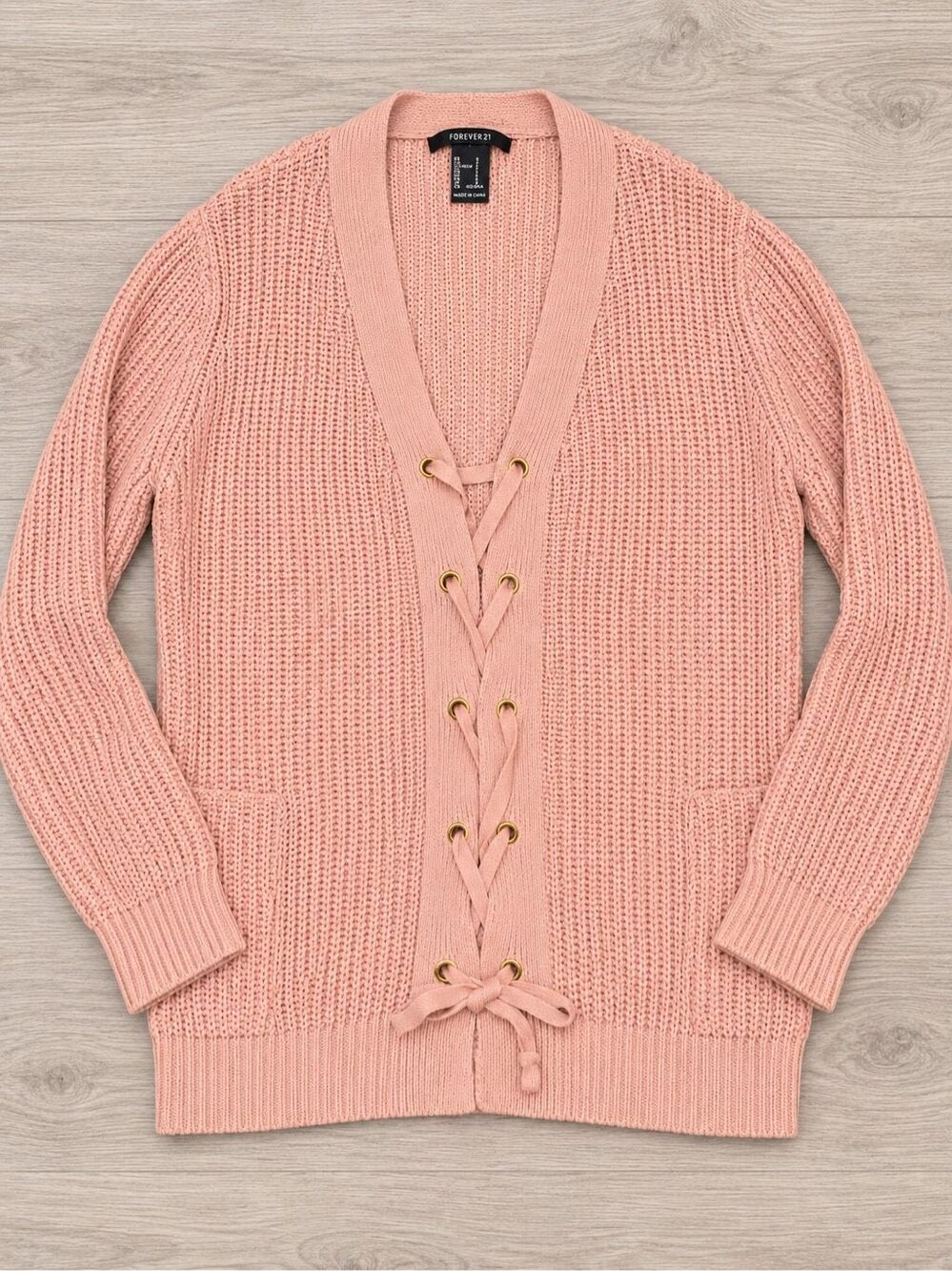 Forever 21 Pink Knit Lace-Up Front Cardigan Sweater Small